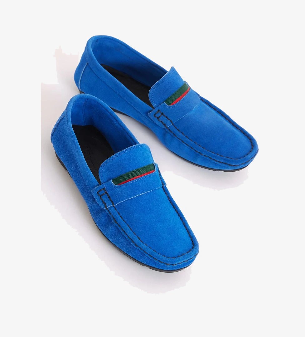 Erkek Mavi Önü ve Arkası Şeritli Süet Hakiki Deri Loafer