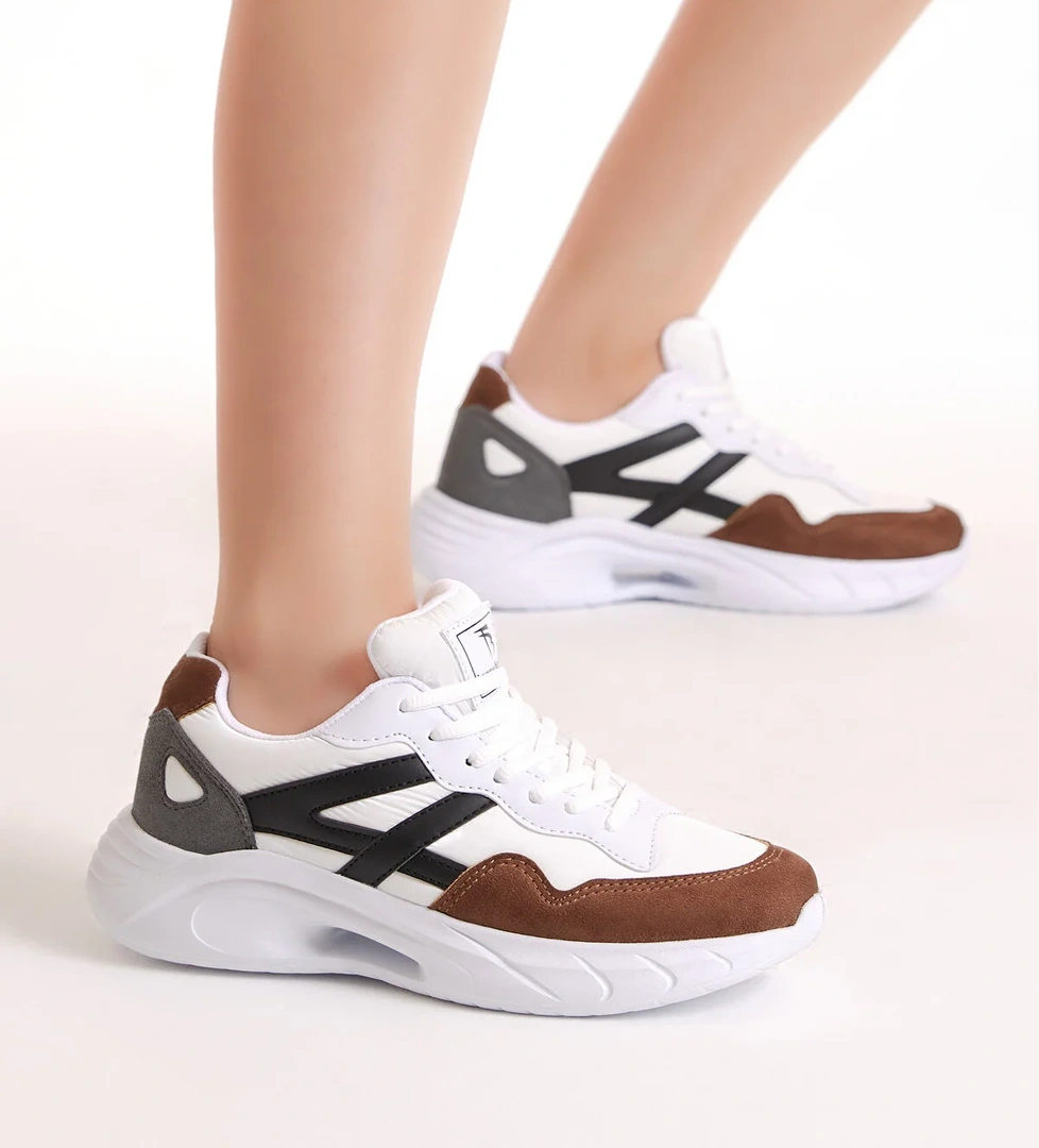 Tonny Black Kadın Beyaz Kahve Faylon Taban Şeritli Bağcıklı Spor Ayakkabı - Görsel 1