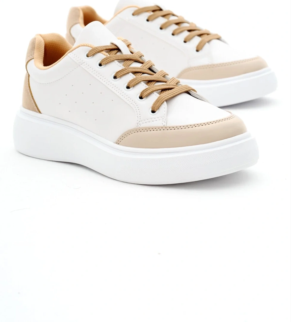 Kadın Beyaz Toprak Rahat Kalıp Yüksek Poli Taban Bağcıklı Spor Ayakkabı - Görsel 1