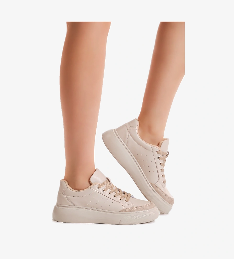 Kadın Bej Rahat Kalıp Yüksek Poli Taban Bağcıklı Spor Ayakkabı - Görsel 1