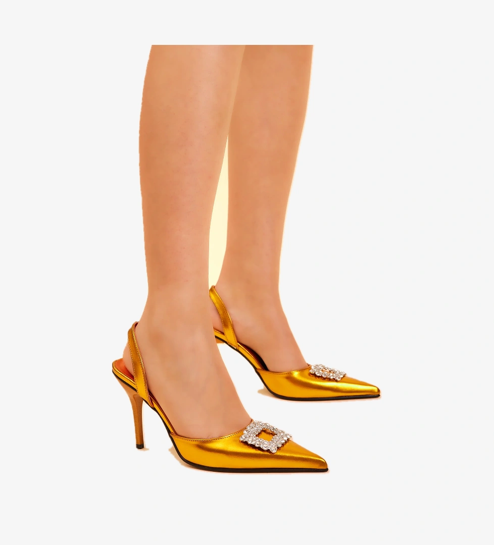 Kadın Oranj Gecce Serisi Önü Tokalı Sivri Burunlu Topuklu Ayakkabı