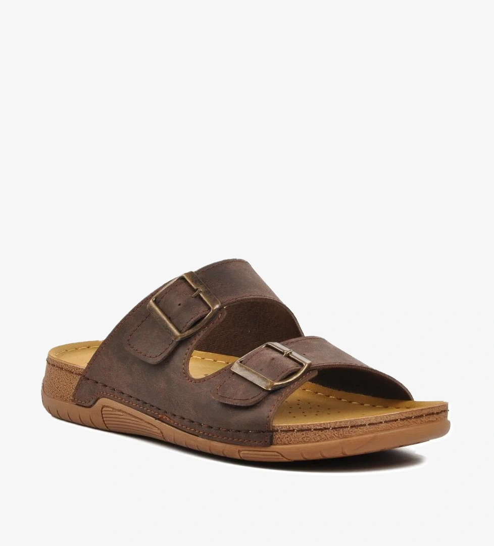 64.002 Kahve Çift Bantlı Erkek Terlik - Görsel 1