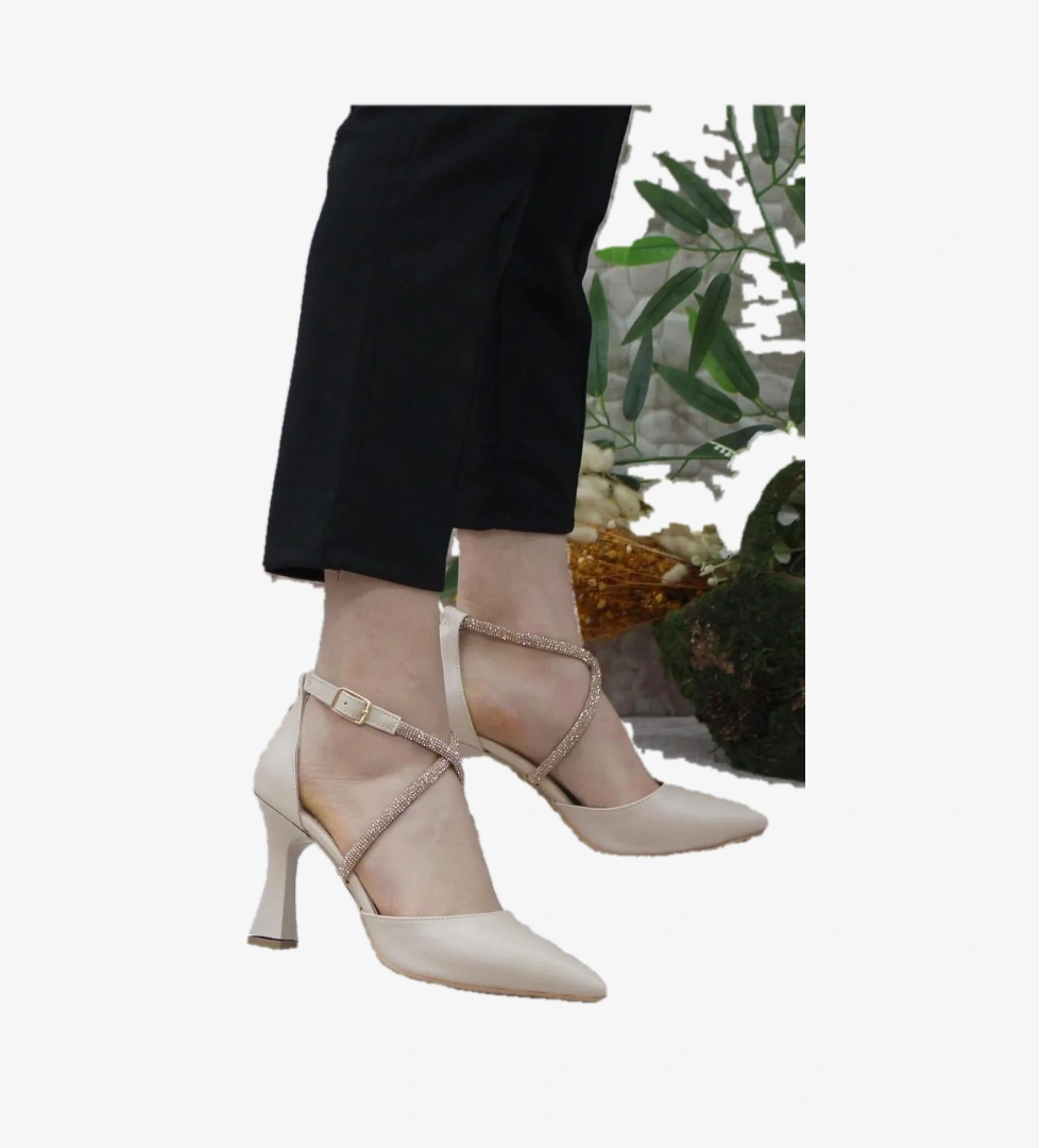 18-444 Çapraz Şerit Taşlı Abiye Kadın Topuklu Ayakkabı Stiletto