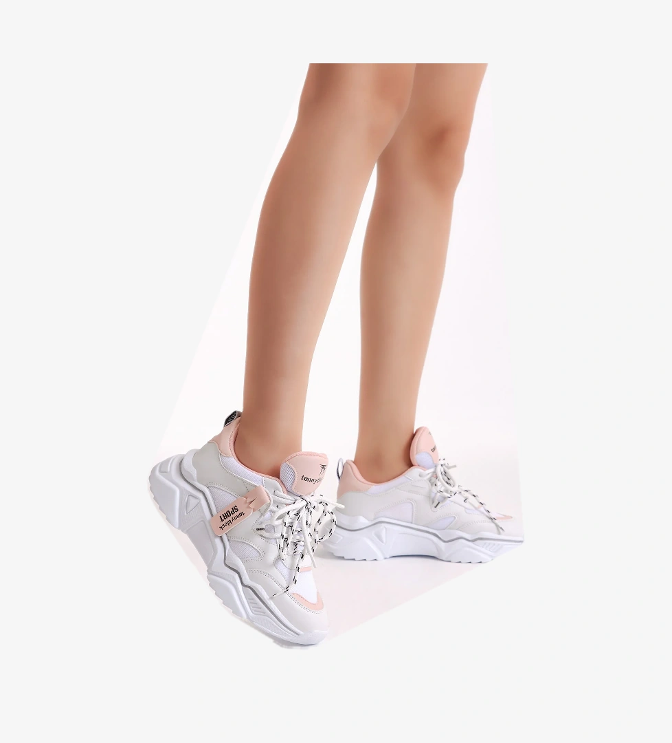 Kadın Beyaz Pembe Rahat Kalıp Yüksek Taban Çift Bağcıklı Spor Ayakkabı