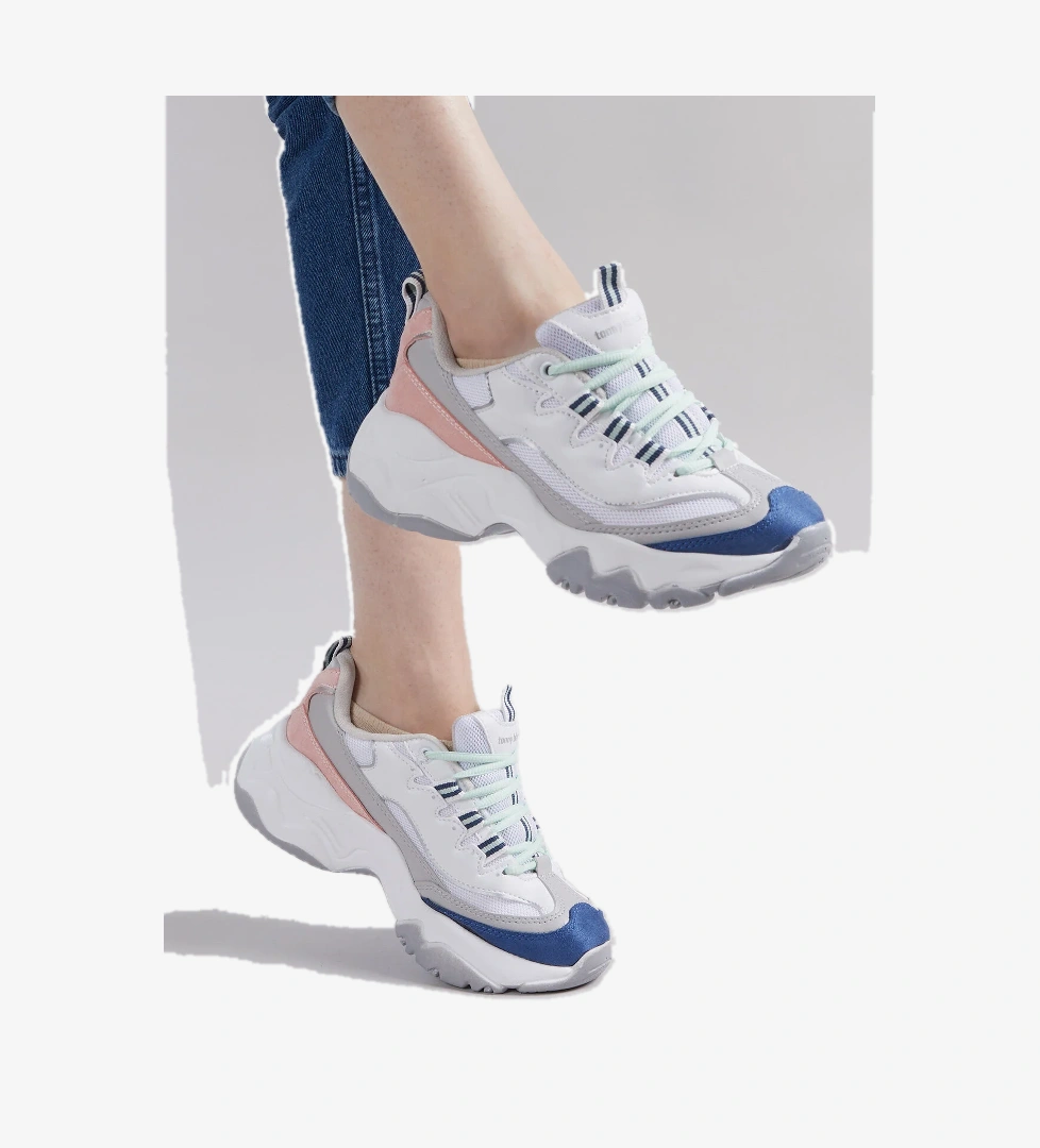 Kadın Beyaz Pembe Rahat Kalıp Yüksek Taban Bağcıklı Spor Ayakkabı - Görsel 1