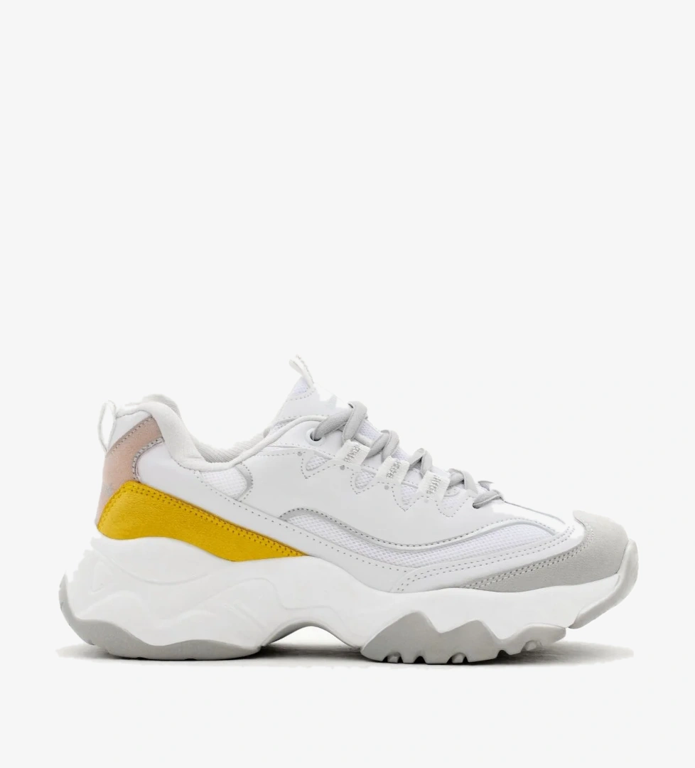 Kadın Beyaz Sarı Rahat Kalıp Yüksek Taban Bağcıklı Spor Ayakkabı