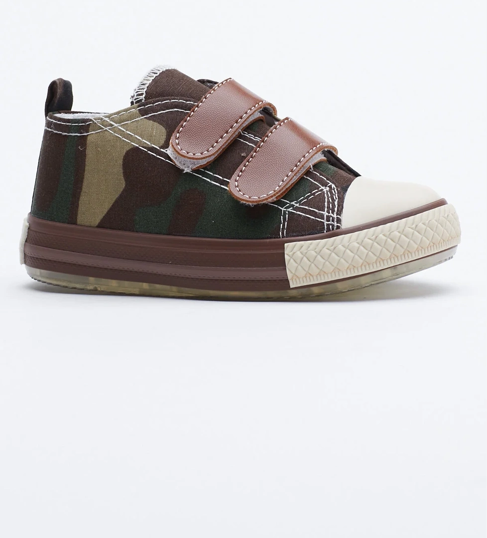 Çocuk Unisex Haki Kamuflaj Rahat Kalıp Işıklı Cırtlı Spor Ayakkabı