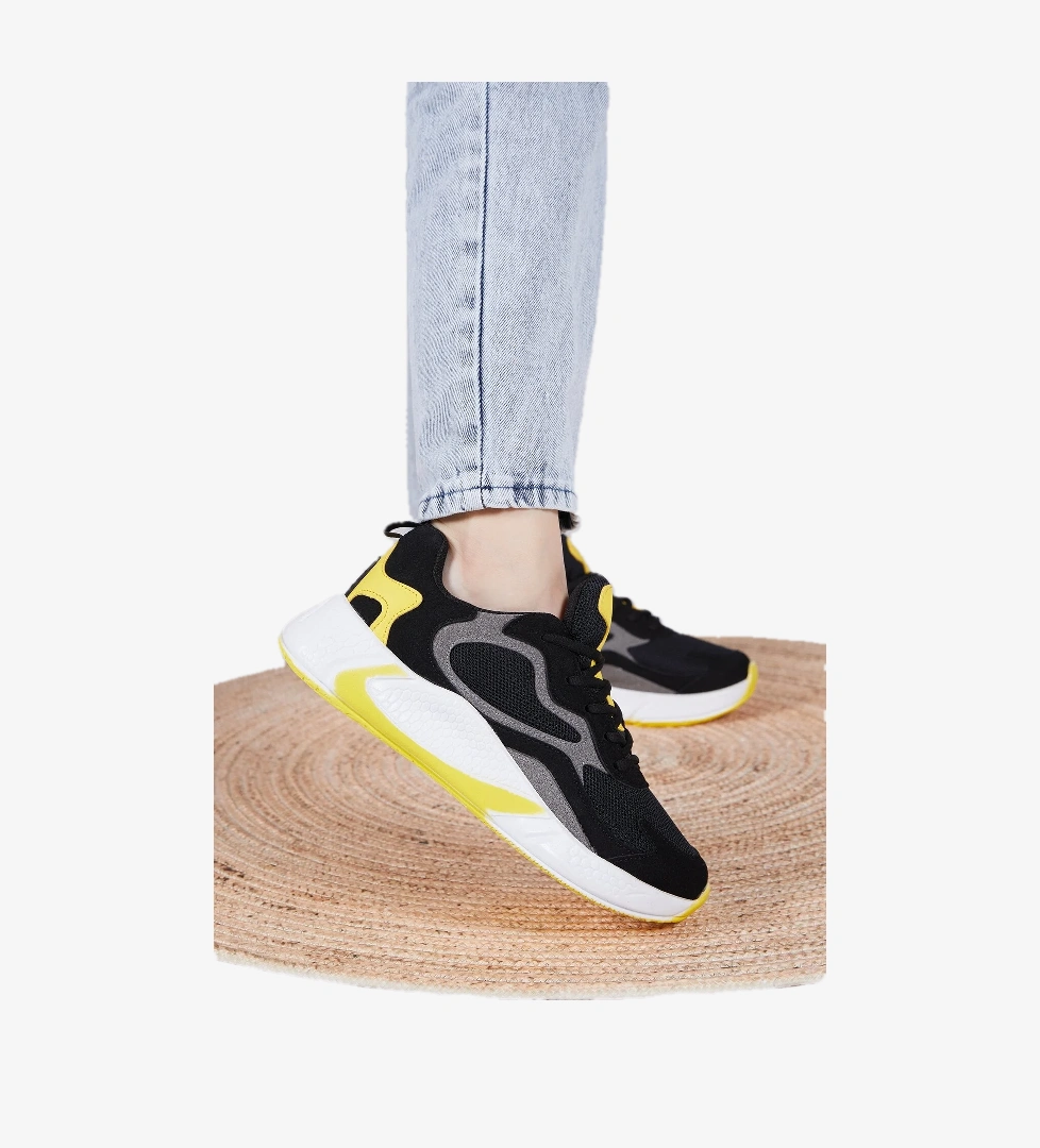 Unisex Siyah Sarı Rahat Kalıp Yüksek Taban Bağcıklı Spor Ayakkabı