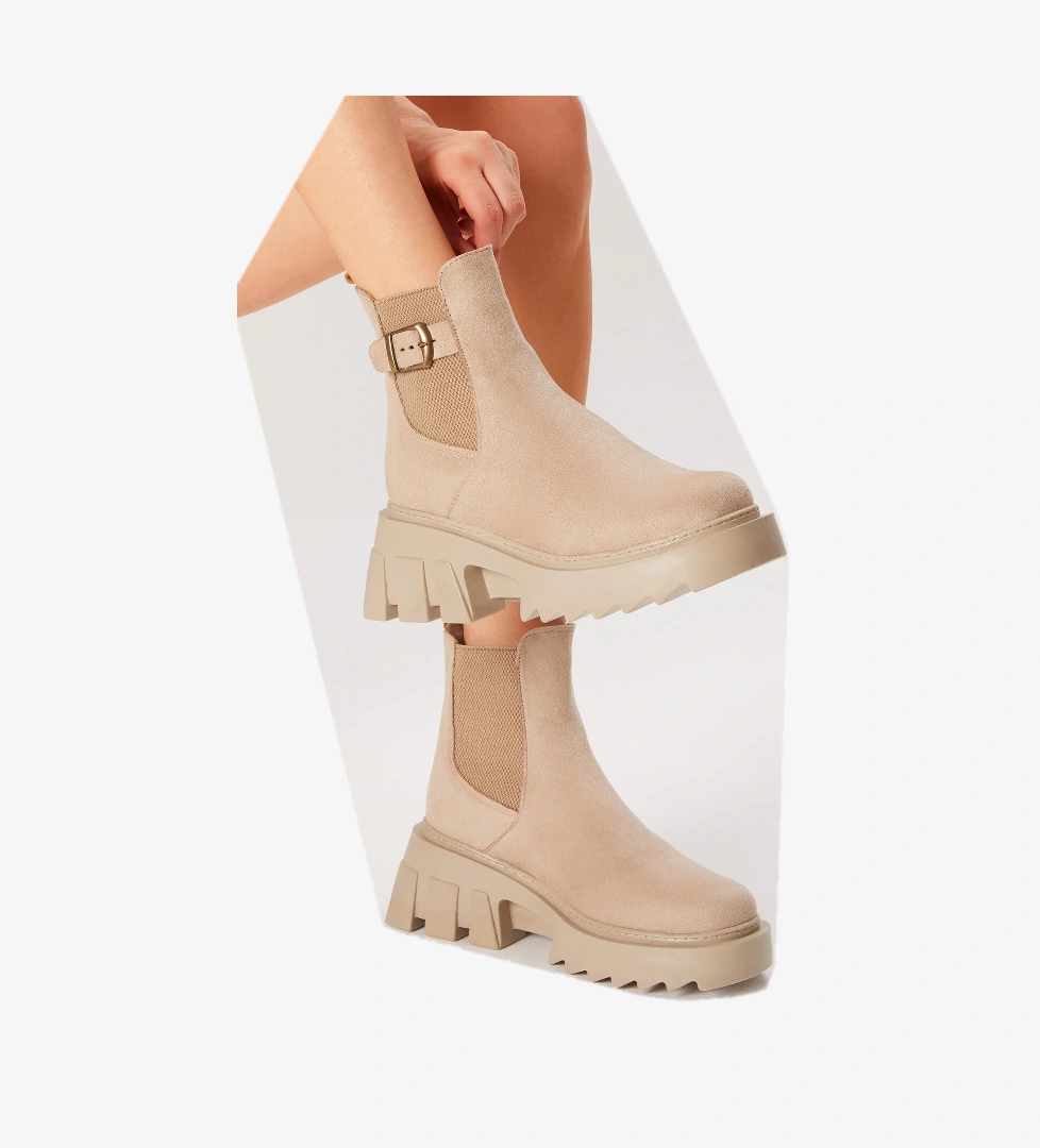 Kadın Krem Süet Rahat Kalıp Kalın Taban Tokalı Lastikli Bot