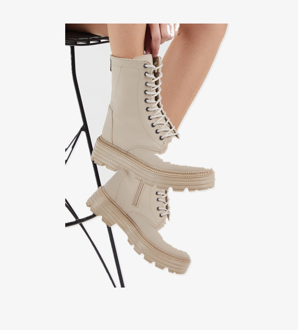 Kadın Krem Cilt Poli Taban Arkası Fermuar Detaylı Bağcıklı ve Fermuarlı Bot