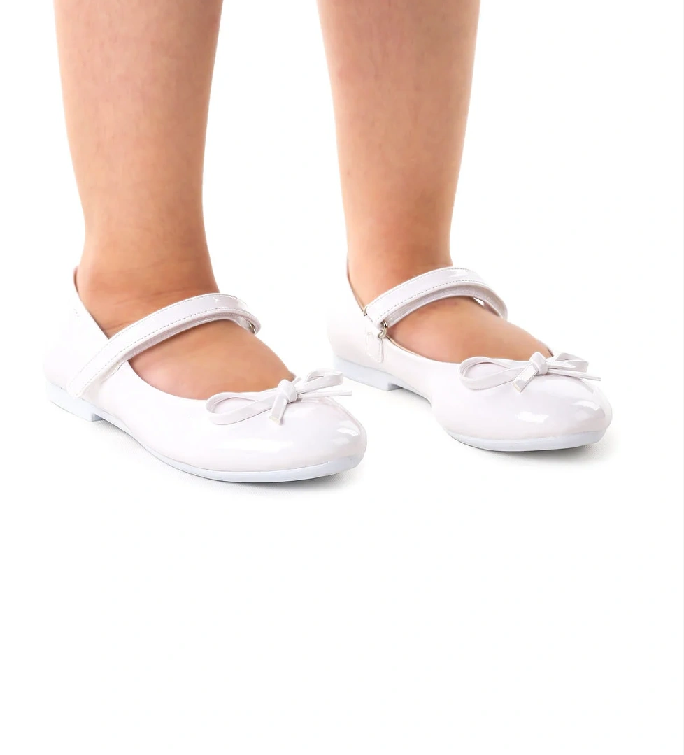 Barbe Rugan Fiyonklu Cırtlı Kız Çocuk Babet Ayakkabı Beyaz