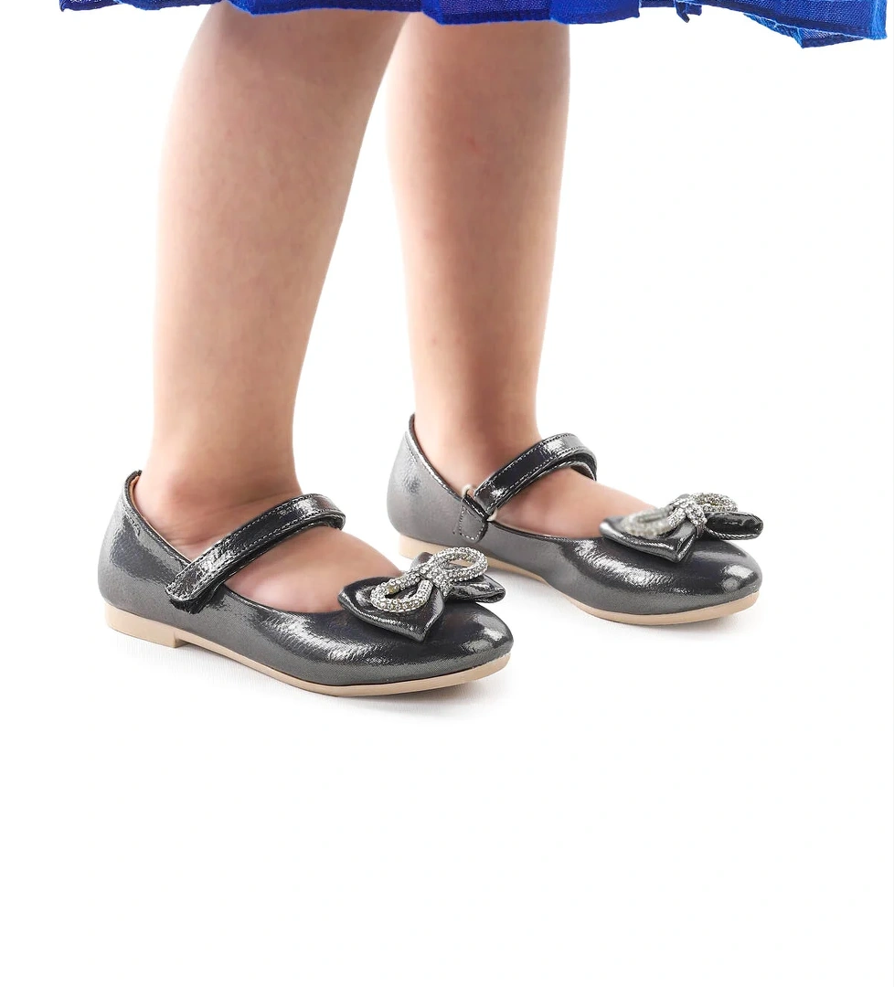 Bowtie Papyon Taşlı Cırtlı Kız Çocuk Babet Ayakkabı Platin