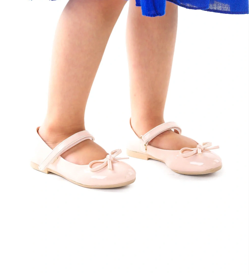 Barbe Rugan Fiyonklu Cırtlı Kız Çocuk Babet Ayakkabı Pudra