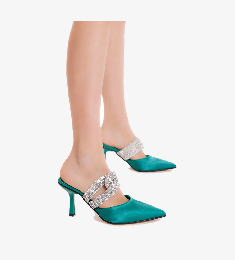 Tonny Black Kadın Yeşil Gecce Serisi Taş İşlemeli Sivri Burunlu Topuklu Terlik model görseli