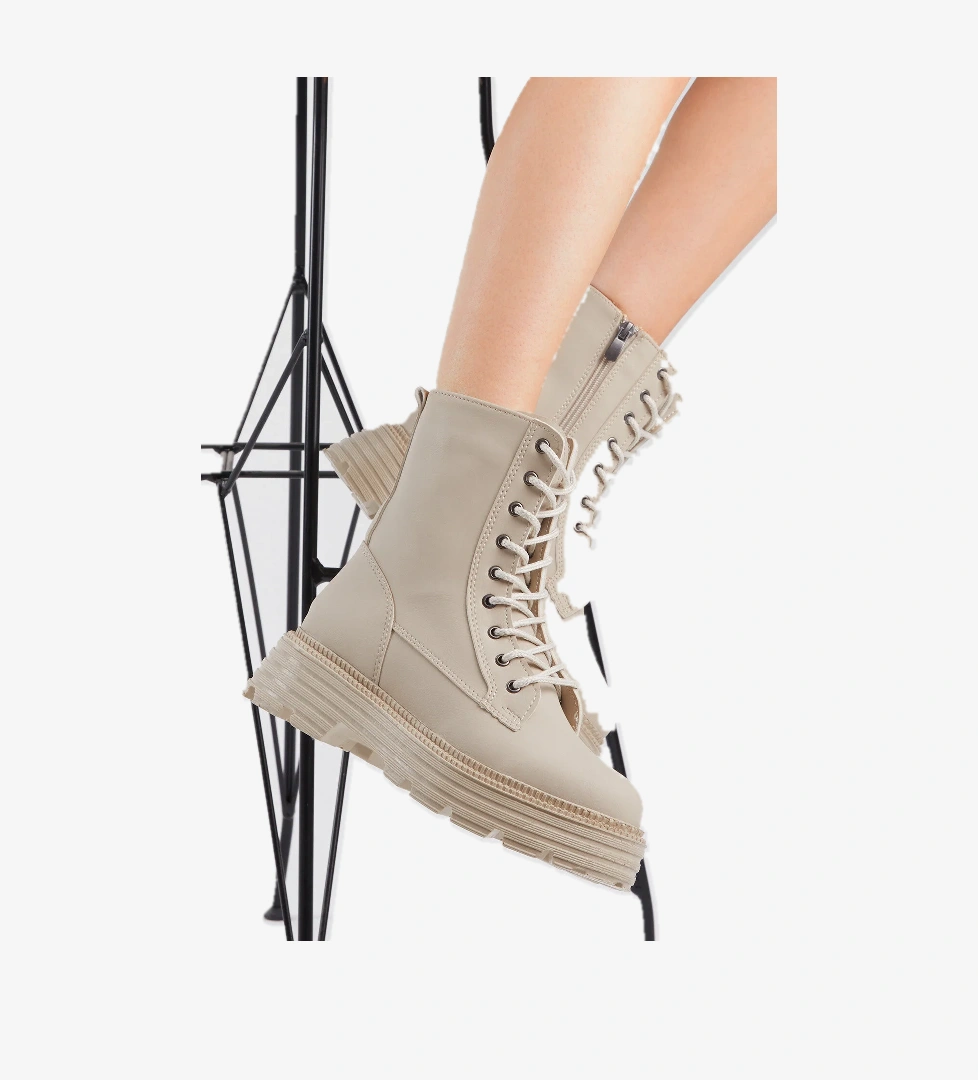 Kadın Krem Cilt Poli Taban Rahat Kalıp Bağcıklı Bot