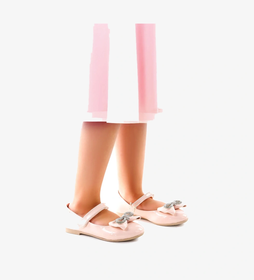 Bowtie Papyon Taşlı Cırtlı Kız Çocuk Babet Ayakkabı Pudra