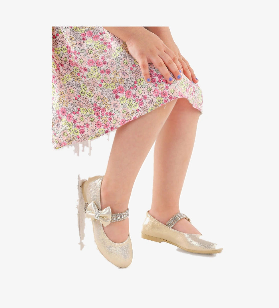 Cerry Vakko Cırtlı Kız Çocuk Taşlı Babet Ayakkabı Altın