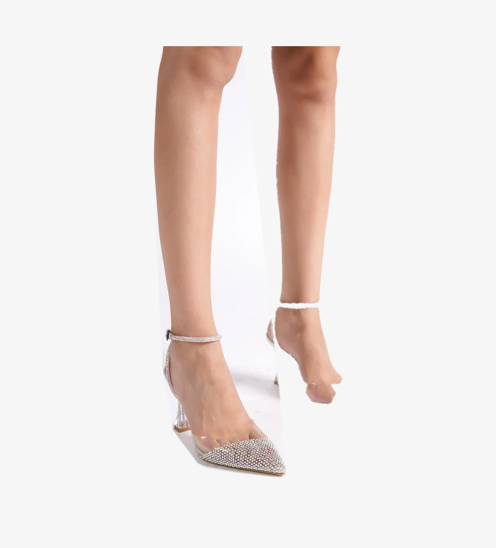 Modabuymuş Vilnus Gümüş Taşlı Şeffaf Topuklu Stiletto Abiye Ayakkabı model görseli