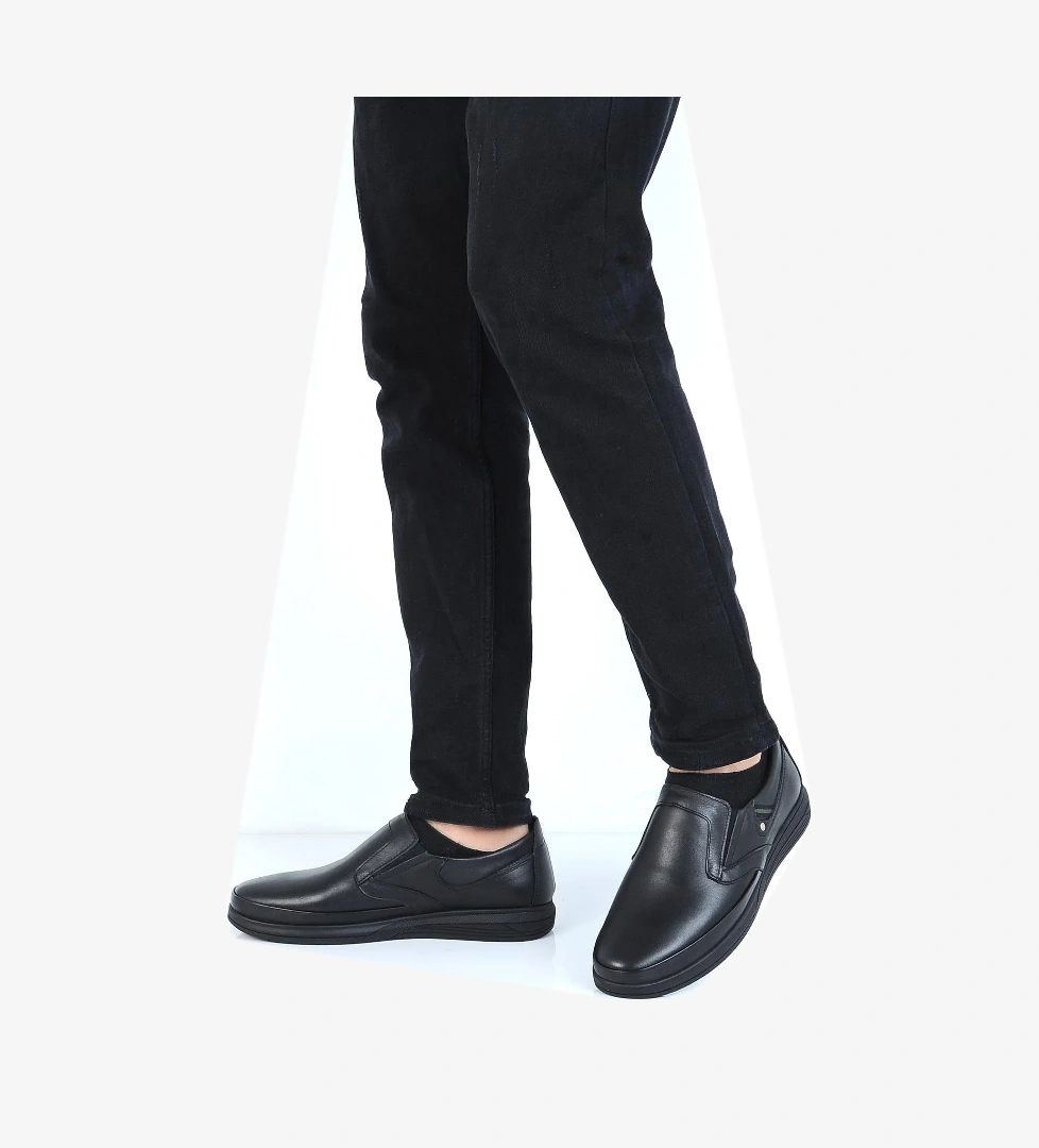 E835 Siyah Kauçuk %100 Deri Erkek Casual Ayakkabı - Görsel 1