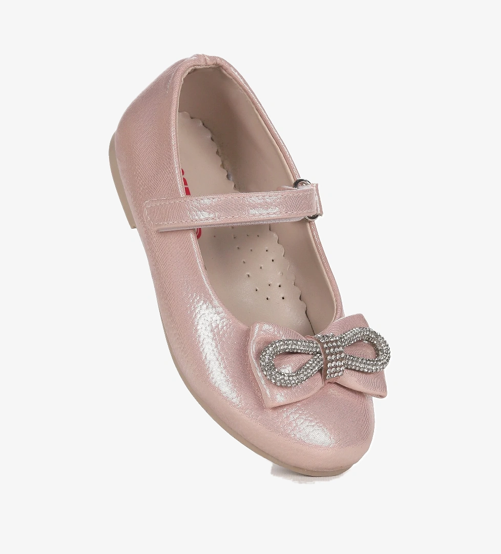 Bowtie Papyon Taşlı Cırtlı Kız Çocuk Babet Ayakkabı Pudra