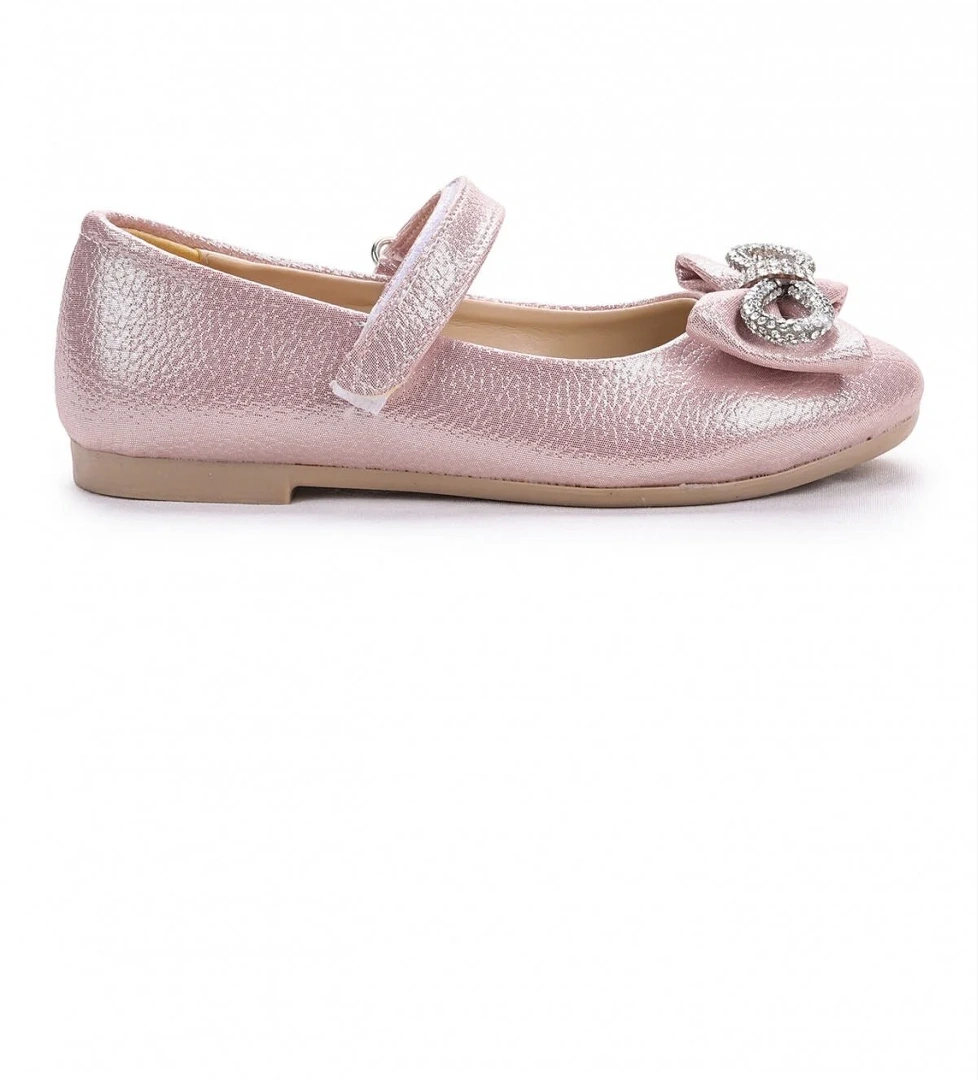 Bowtie Papyon Taşlı Cırtlı Kız Çocuk Babet Ayakkabı Pudra - Görsel 1