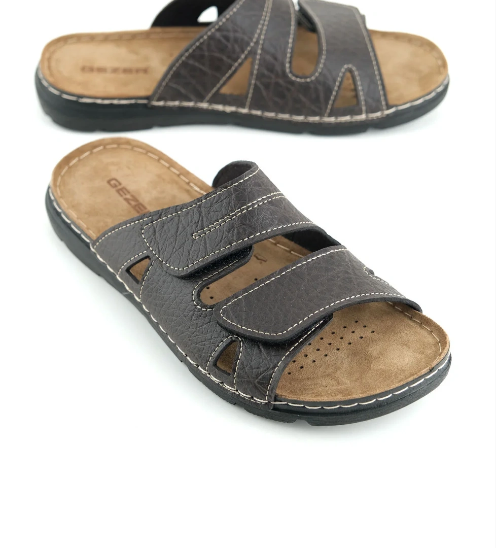 Yazlık Cırt Cırtlı Ayarlanabilir Rahat Taban İç Taban Hakiki Deri Erkek Terlik - Görsel 1