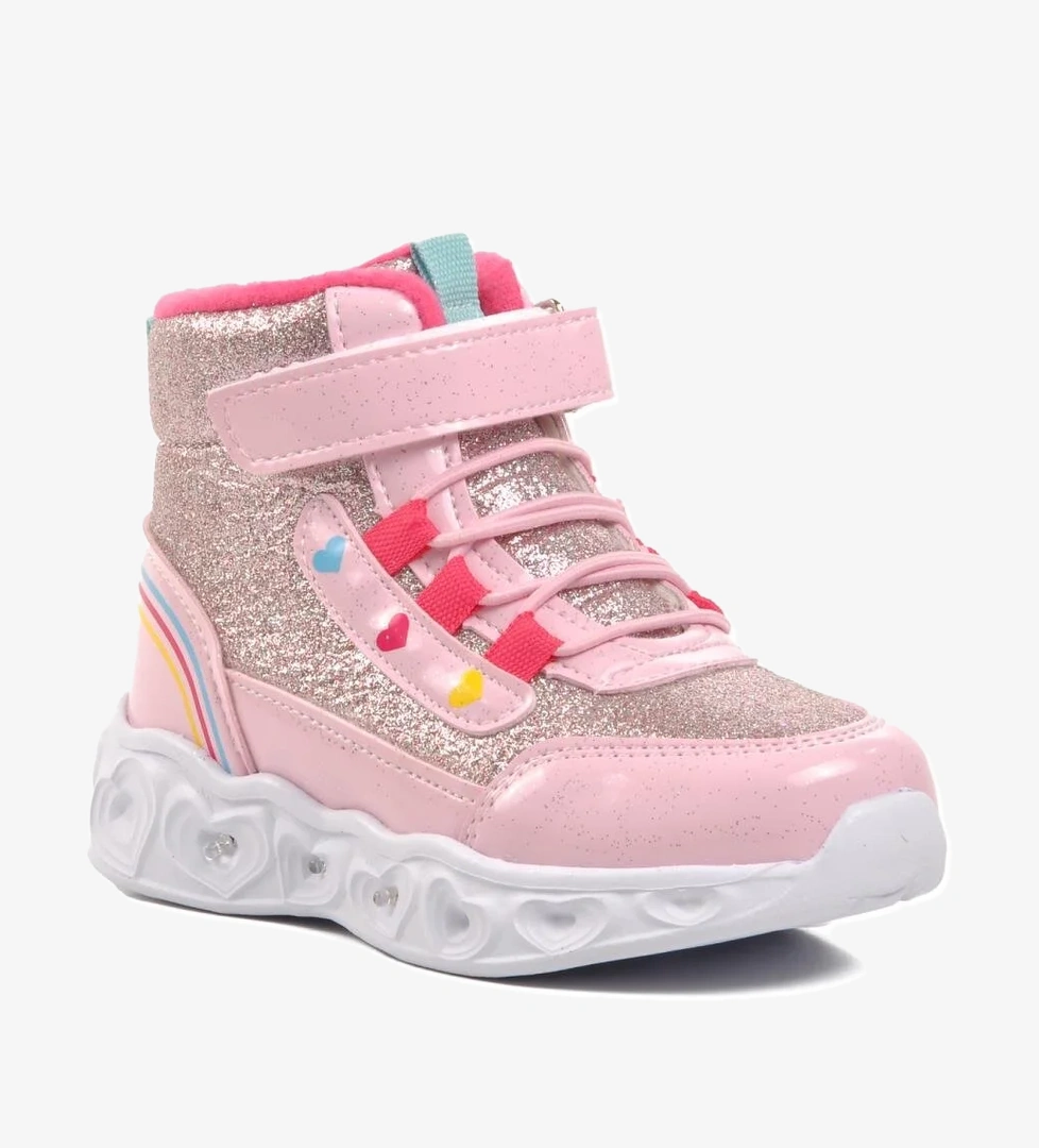 Kids-P Pudra Kalp Desenli Simli Kız Çocuk Sneaker Bot - Görsel 1