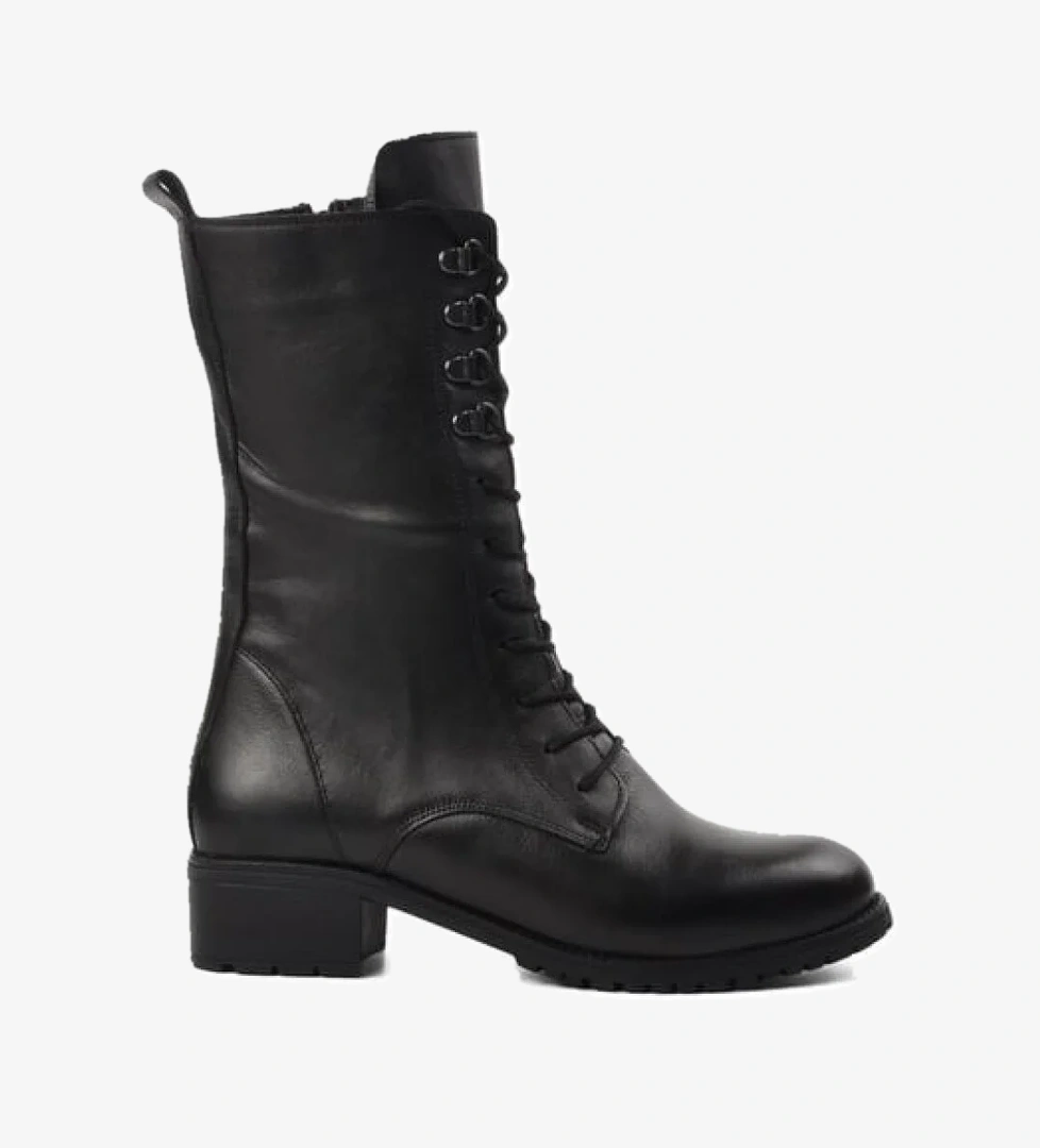 İçi Polarlı %100 Hakiki/Gerçek Deri Bağlı Fermuarlı Rahat Kadın Kısa Topuk Çizme 8470 - Görsel 1