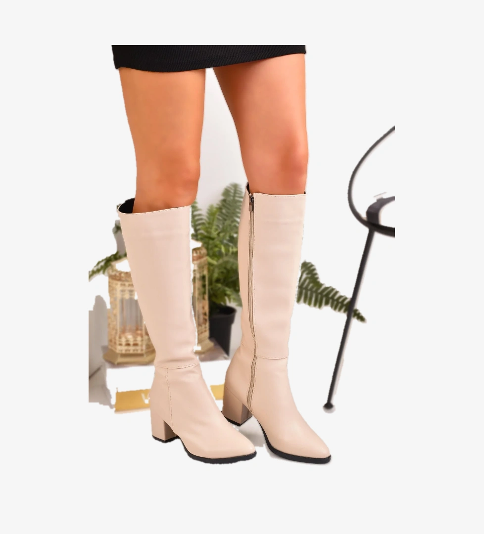 Kadın Diz Altı Fermuarlı Rahat Topuklu Çizme - Görsel 1