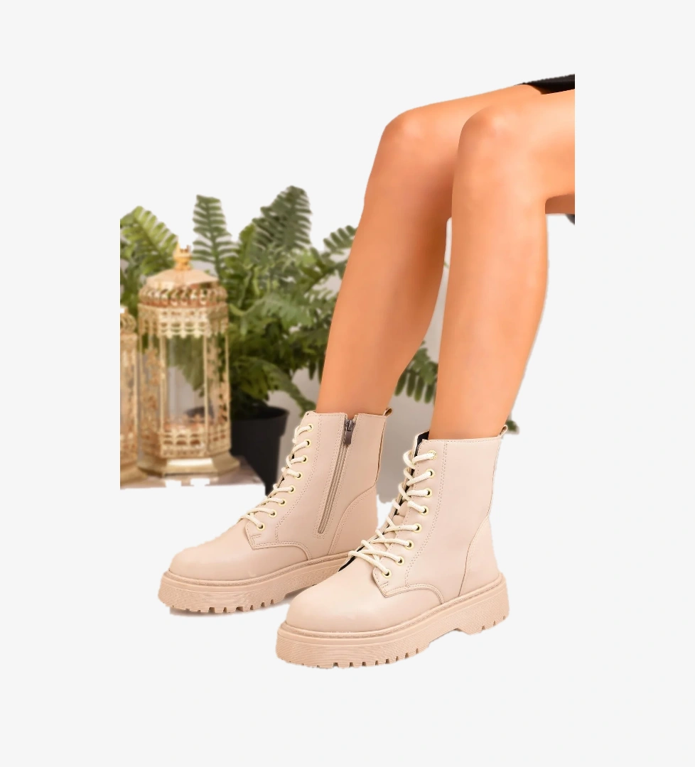 Kadın Postal Fermuarlı Kaymaz Taban Bej Bot