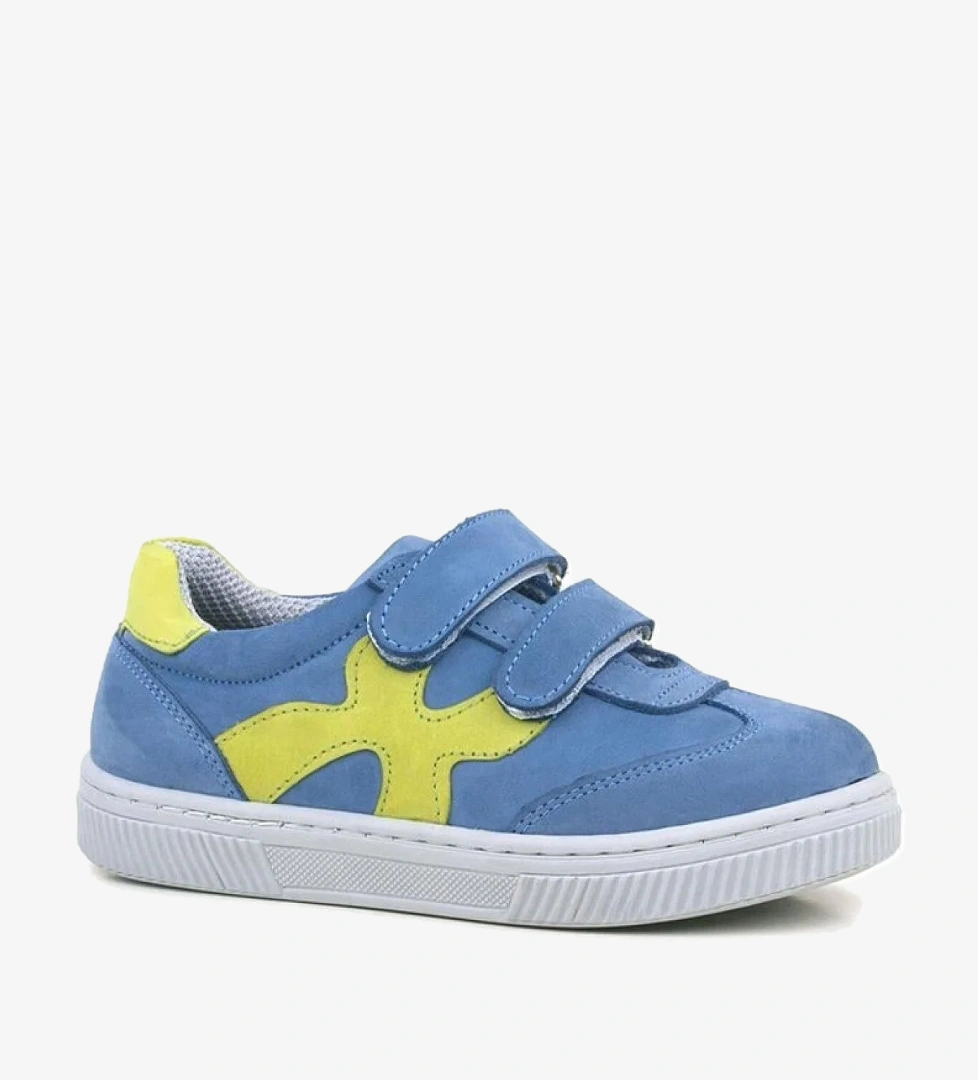 Hakiki Deri Mavi Yeşil Cırtlı Çocuk Spor Ayakkabı - Görsel 1