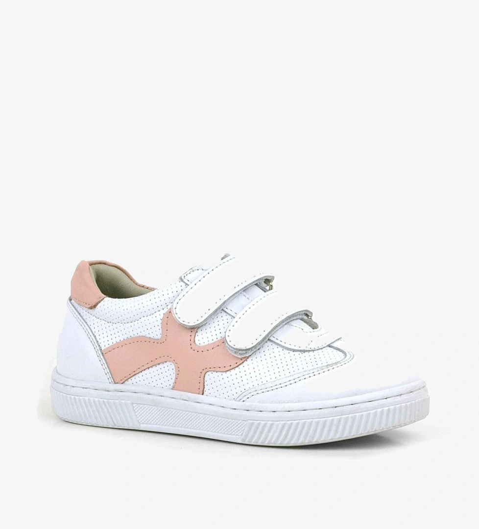 Hakiki Deri Beyaz Pembe Cırtlı Çocuk Spor Ayakkabı - Görsel 1