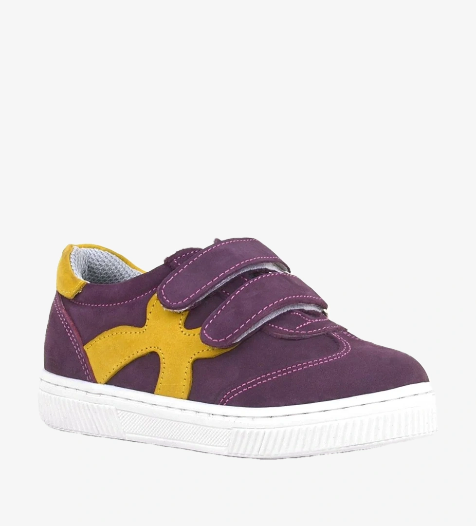 Hakiki Deri Mor Sarı Cırtlı Çocuk Spor Ayakkabı - Görsel 1