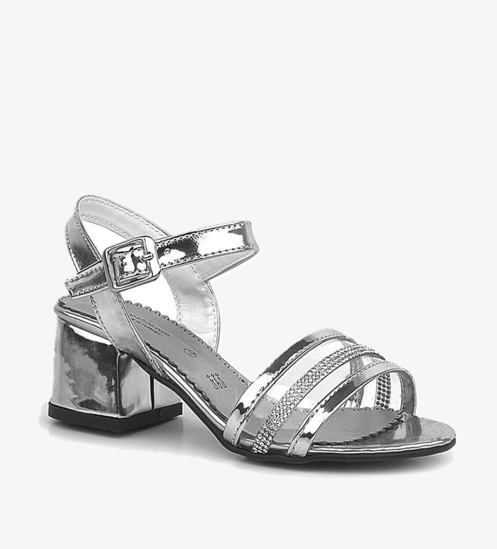 Hapshoe Kids Platin Gri Rugan Taşlı Kalın Kız Çocuk Abiye Topuklu Ayakkabı model görseli