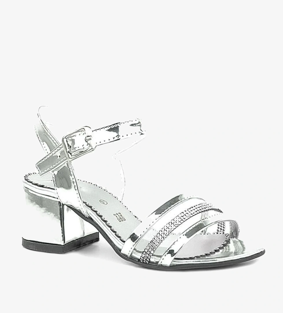 Hapshoe Kids Gümüş Gri Rugan Taşlı Kalın Kız Çocuk Abiye Topuklu Ayakkabı model görseli