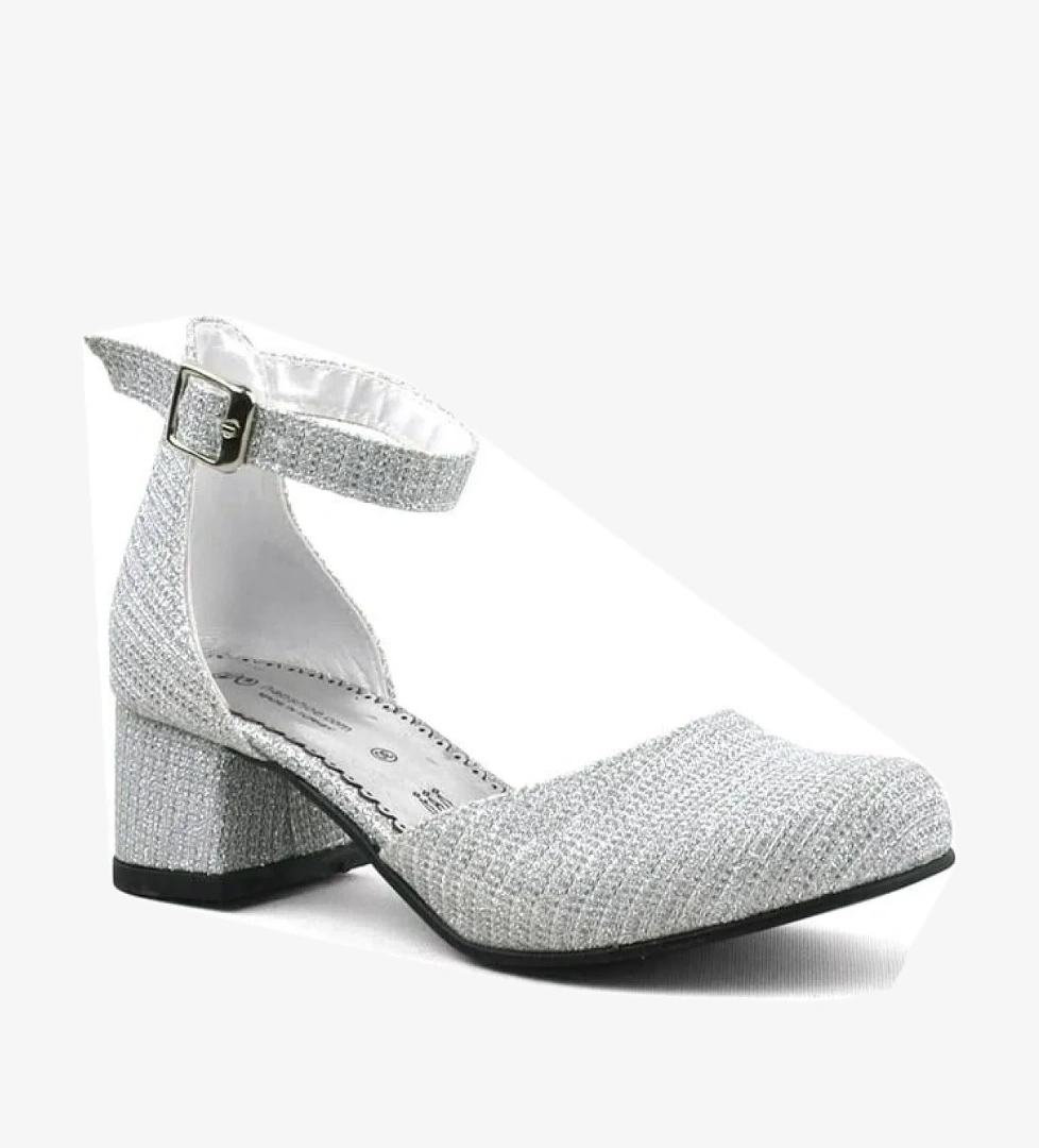 Merida Gümüş Simli Kalın Topuklu Kız Çocuk Topuklu Ayakkabı - Görsel 1