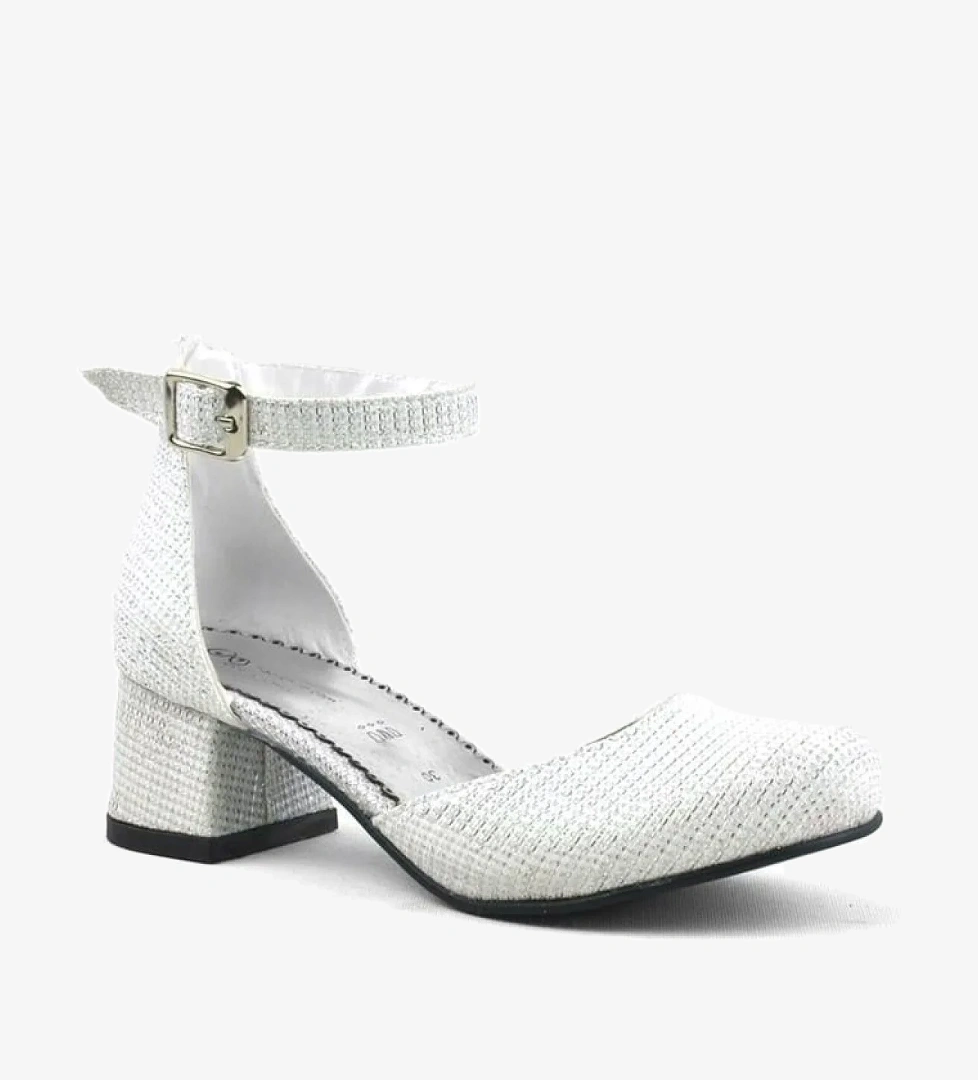 Hapshoe Kids Merida Kırık Beyaz Simli Kalın Topuklu Kız Çocuk Topuklu Ayakkabı model görseli