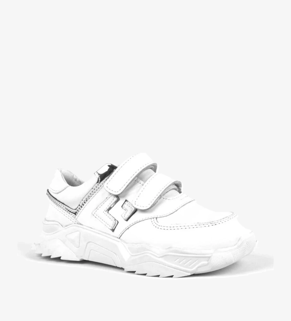 Hakiki Deri Beyaz Kalın Taban Cırtlı Kız Çocuk Spor Ayakkabı - Görsel 1