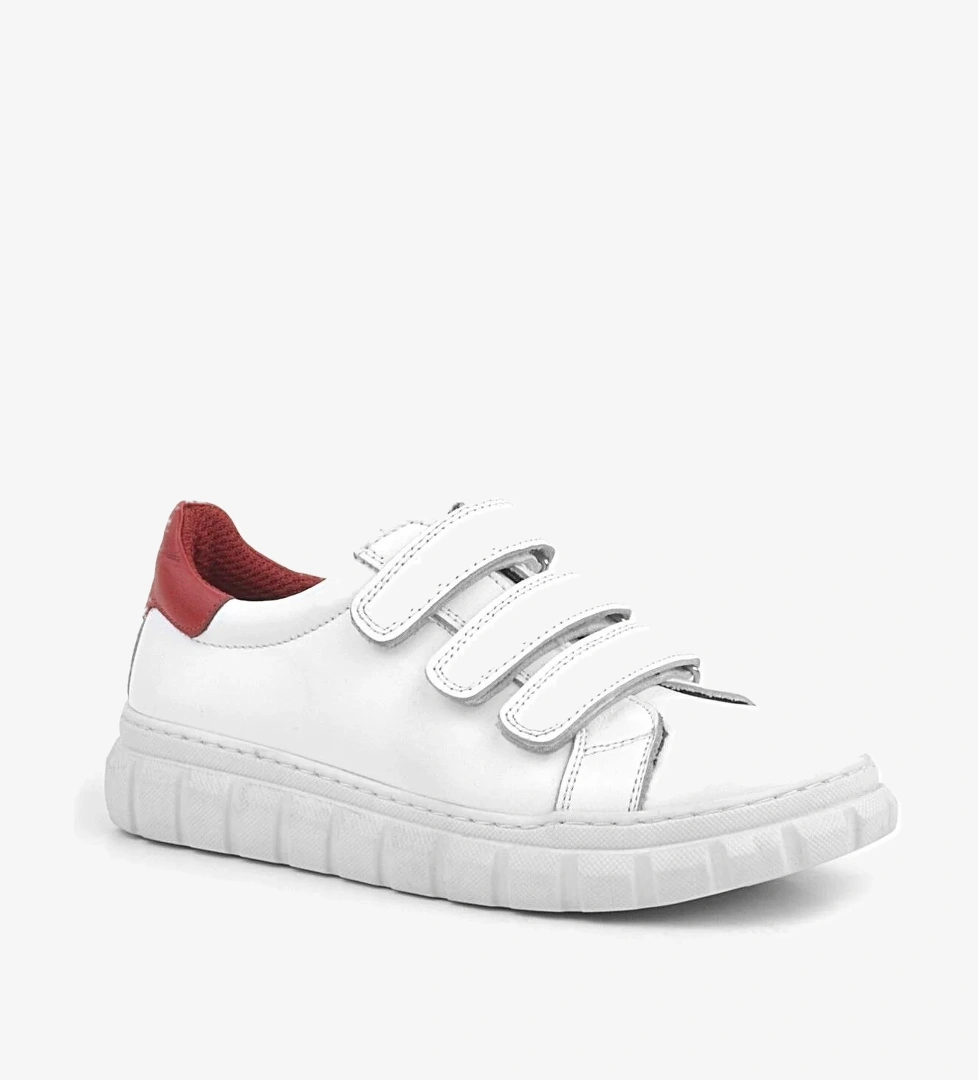 Hakiki Deri Beyaz Kırmızı Cırtlı Çocuk Günlük Spor Okul Ayakkabı - Görsel 1