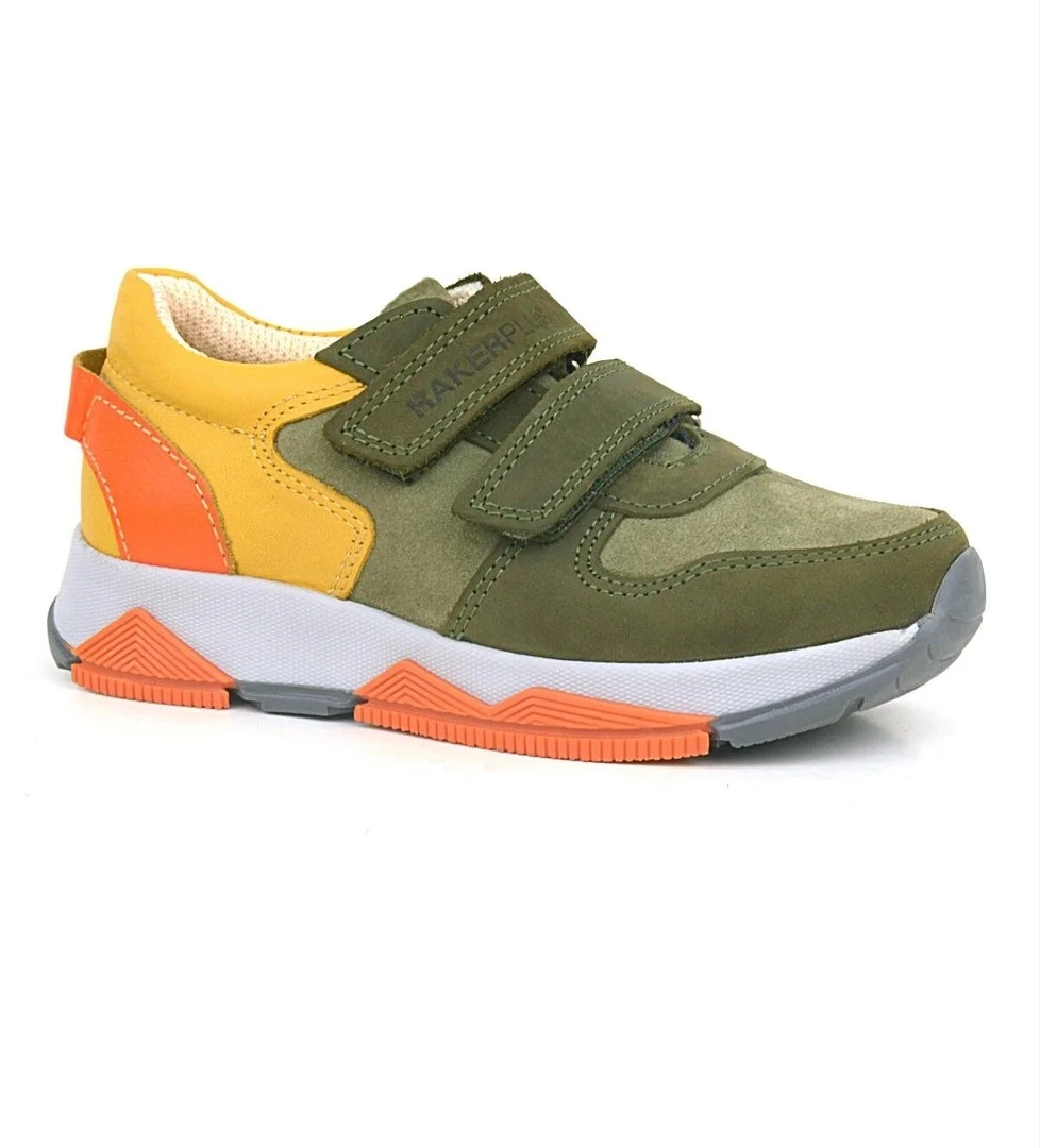 Hakiki Deri Haki Turuncu Sarı Çocuk Sneakers Spor Ayakkabı - Görsel 1