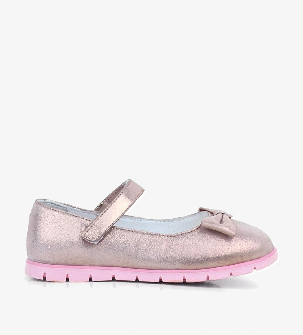 Rakerplus Hakiki Deri Pembe Simli Fiyonklu Cırtlı Kız Çocuk Babet Ayakkabı model görseli