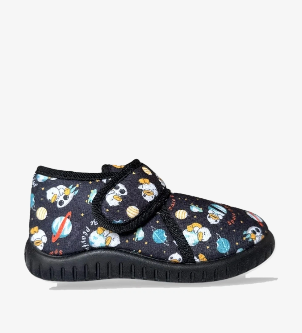 Tematik Cırtlı Çocuk Panduf Okul Kreş Ev Ayakkabısı Kaydırmaz Taban SİYAH