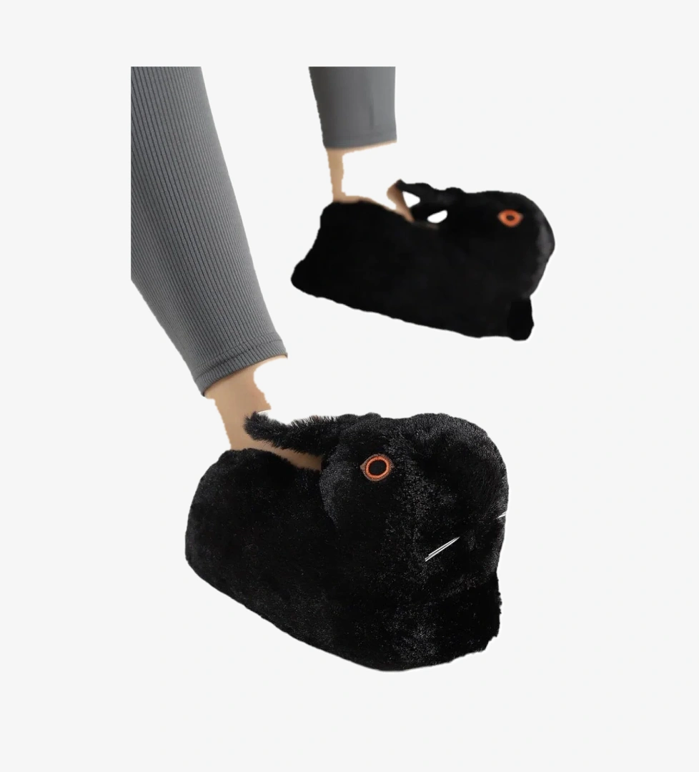 Peluş Tavşan Figürlü Kaymaz ve Ses Yapmaz Ev Panduf SİYAH