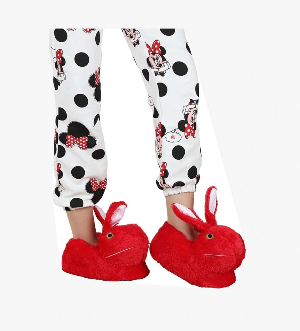 Peluş Tavşan Figürlü Kaymaz ve Ses Yapmaz Ev Panduf KIRMIZI