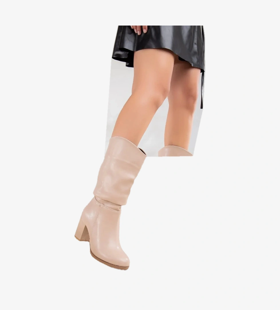 Suni Deri Büzgülü Kadın Çizme