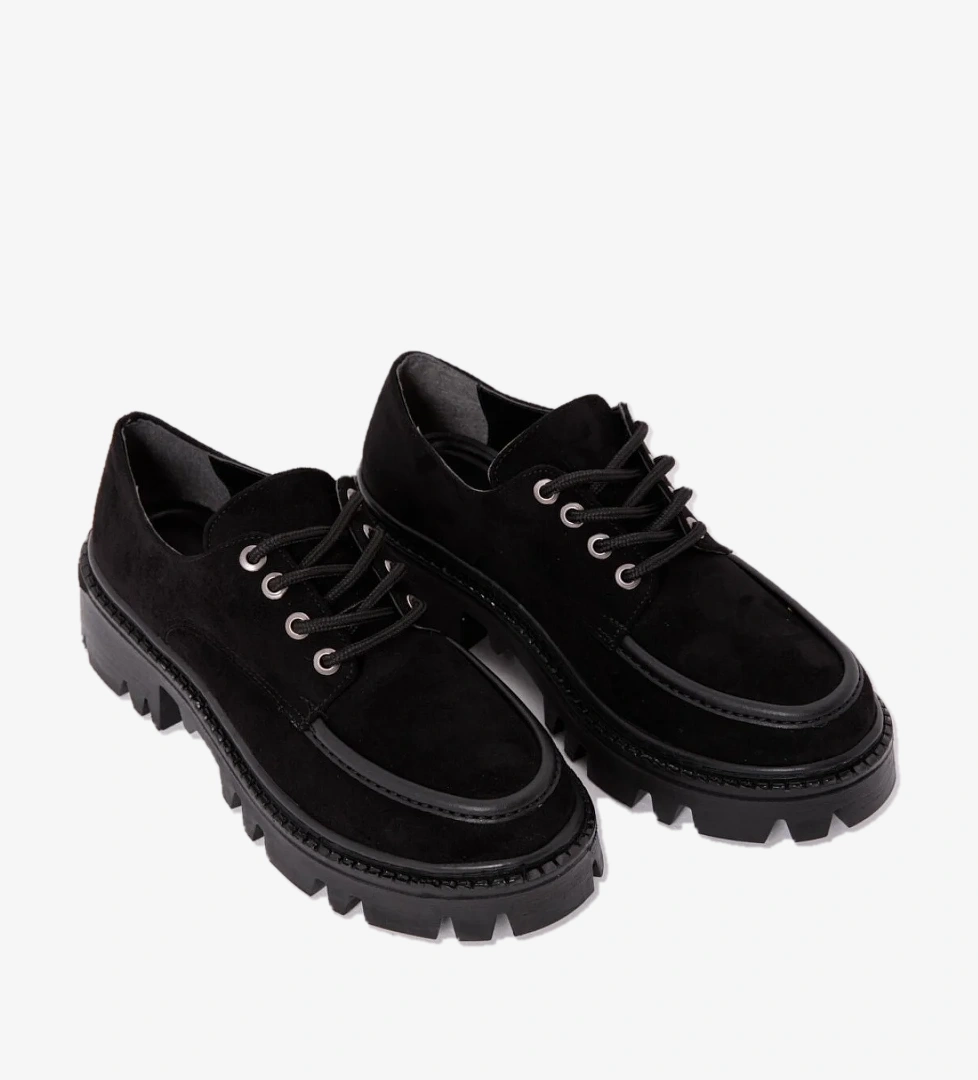 Kadın Siyah Süet Rahat Kalip Yüksek Taban Bağcıklı Loafer Ayakkabı - Görsel 1