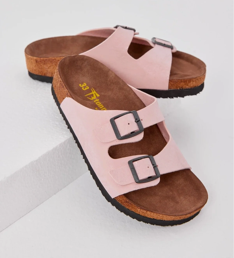 Çocuk Unisex Pudra Rahat Kalıp Poli Taban Çift Tokalı Nubuk Sandalet