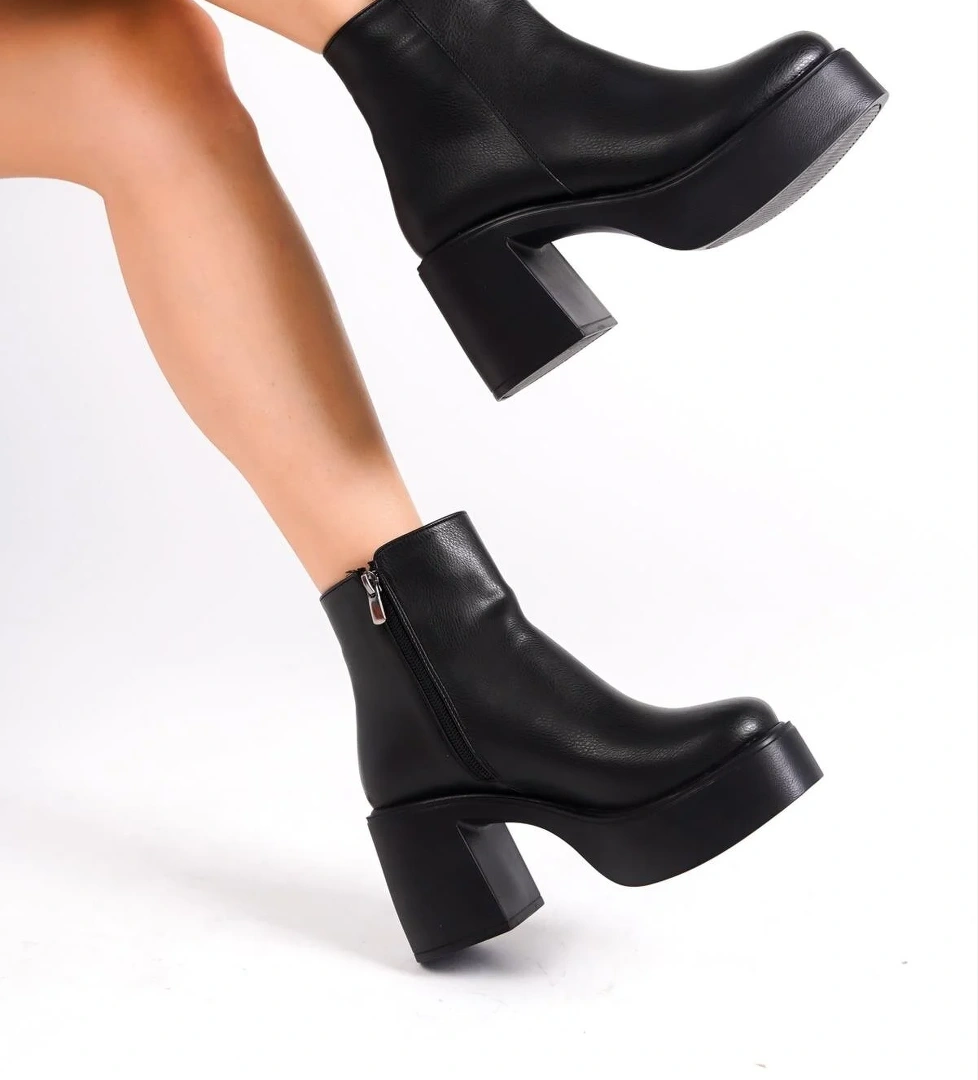 Hancez Siyah Kalın Platform Topuklu Bot