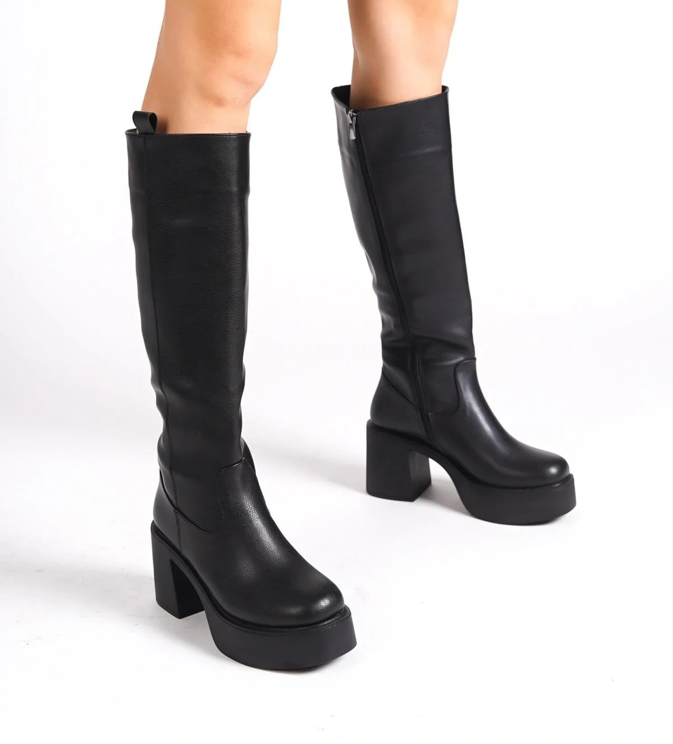 Mostar Siyah Kalın Platform Topuklu Günlük Çizme - Görsel 1