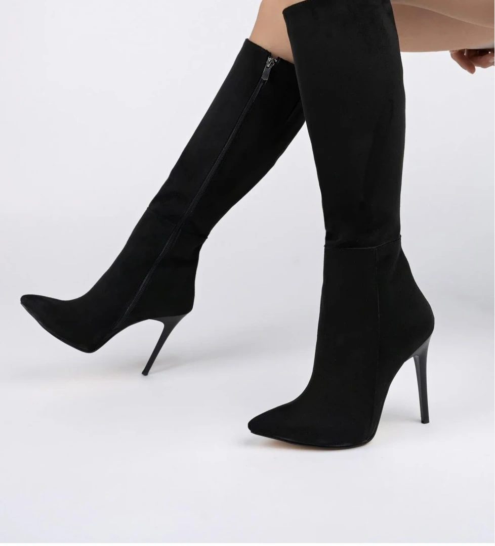 Floransa Garantili Kadın İnce Topuklu Sivri Burun Yandan Fermuarlı Çizme